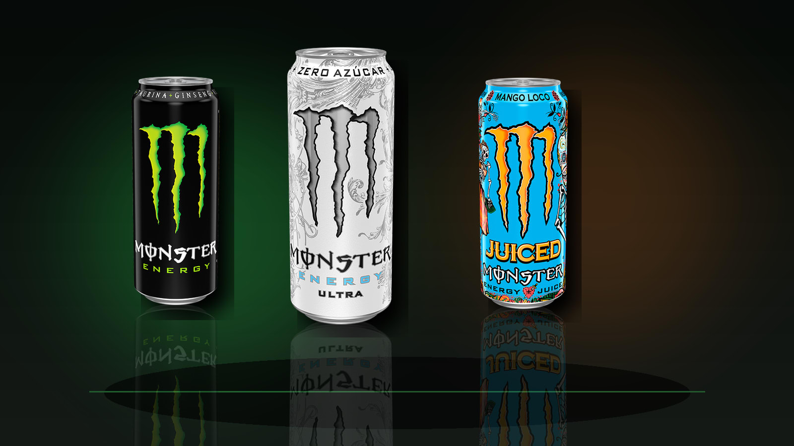 Tres variedades de Monster Energy: Original Green, Ultra White y Mango Loco