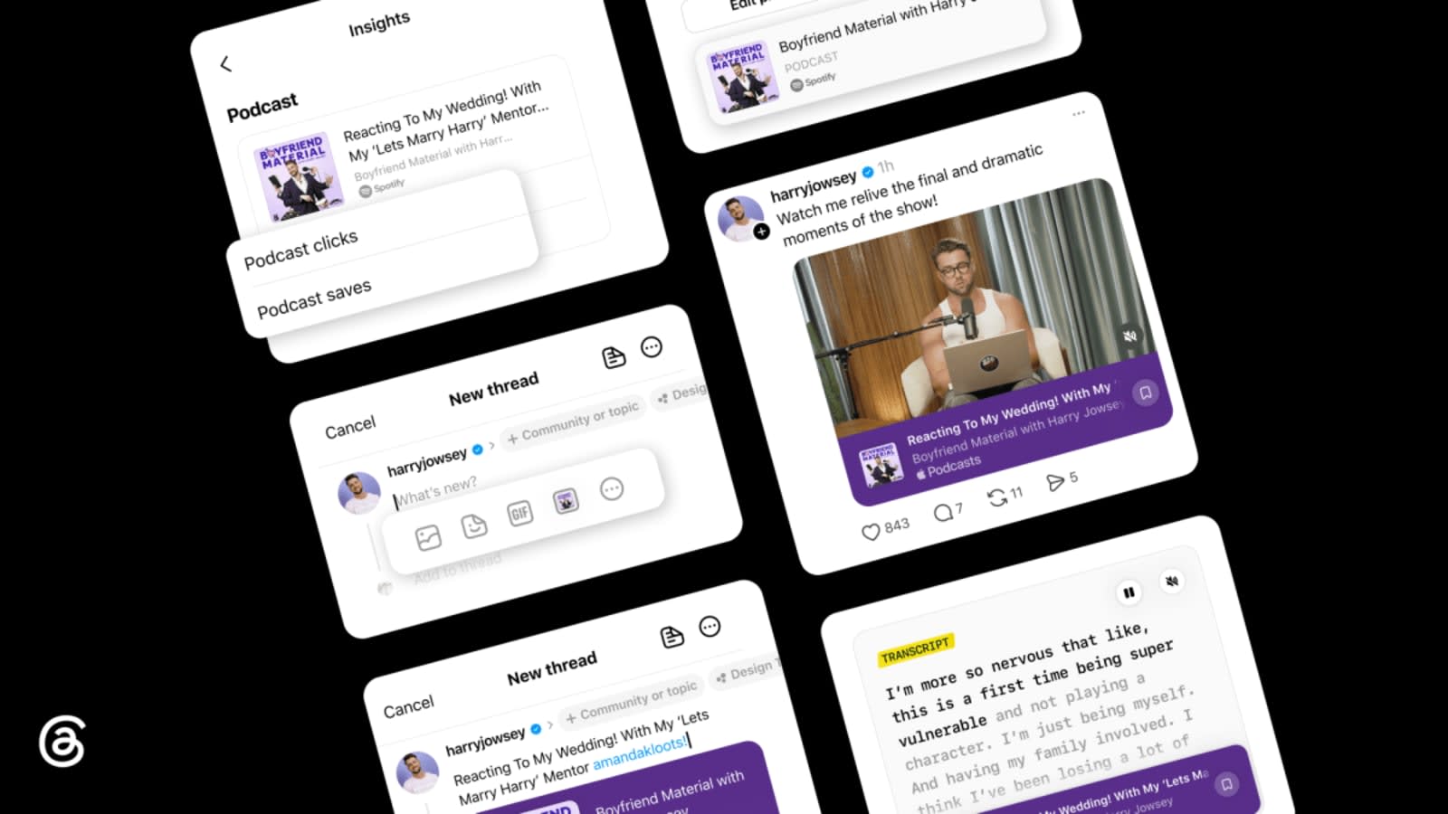 Capturas de las nuevas herramientas de podcast en Threads: panel de Insights con clics y guardados, editor de publicacion, tarjeta de episodio y vista de transcripcion