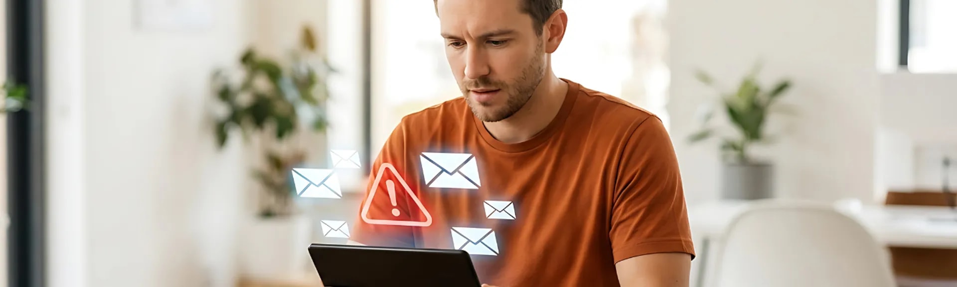Persona usando una tablet con una alerta de posible estafa publicitaria