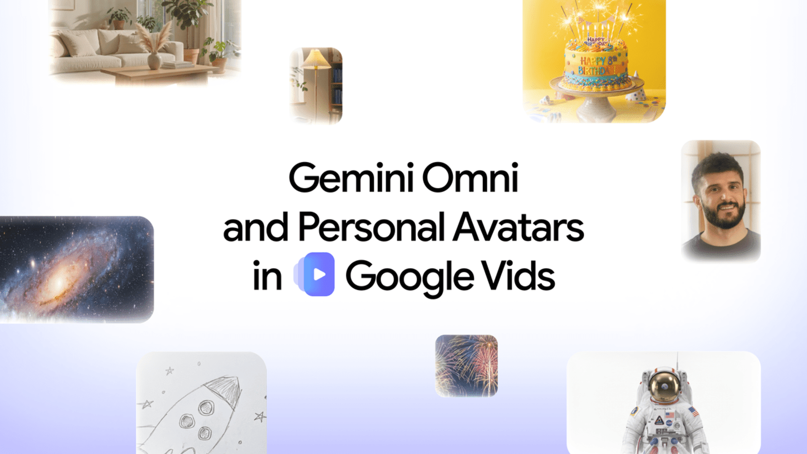 Texto Gemini Omni and Personal Avatars in Google Vids rodeado de imágenes de ejemplo