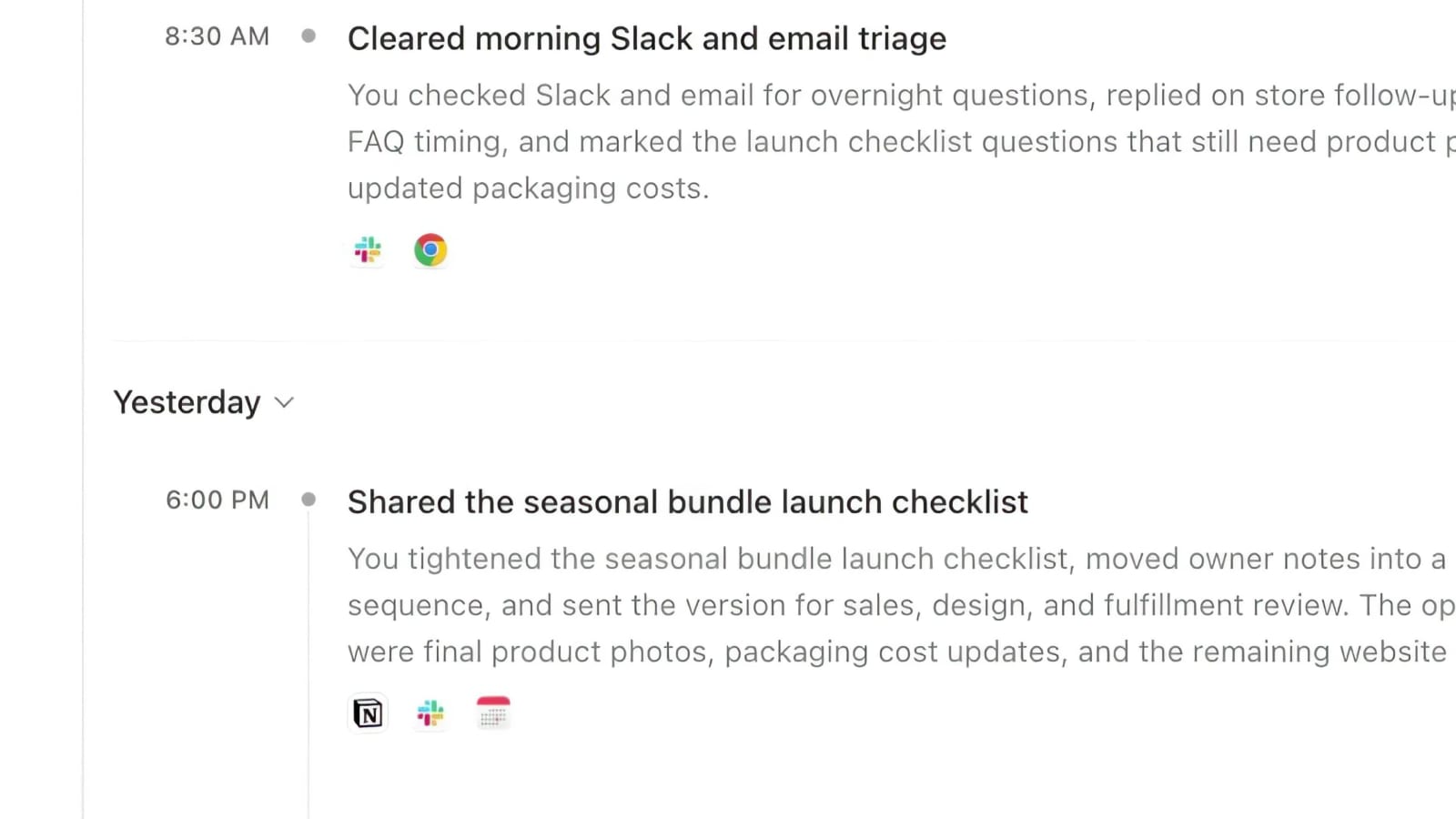 Línea de tiempo de Computer History en ChatGPT mostrando entradas como «Cleared morning Slack and email triage» con los iconos de Slack, Chrome y Notion