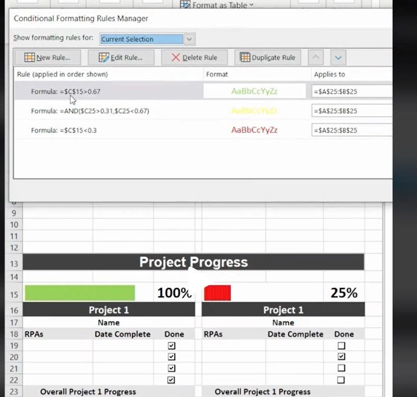 Excel conditional formatting rule that colors the progress bar