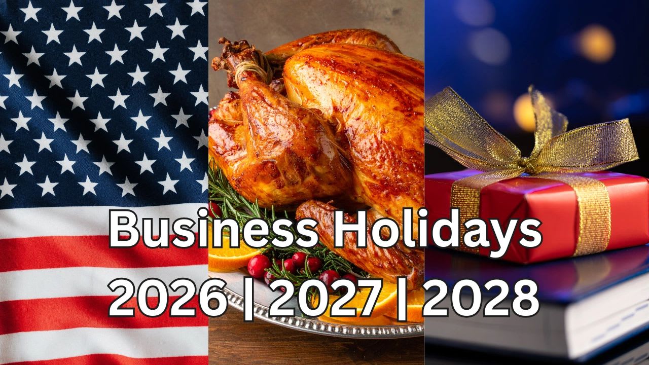 Business holidays calendar for 2026, 2027, and 2028