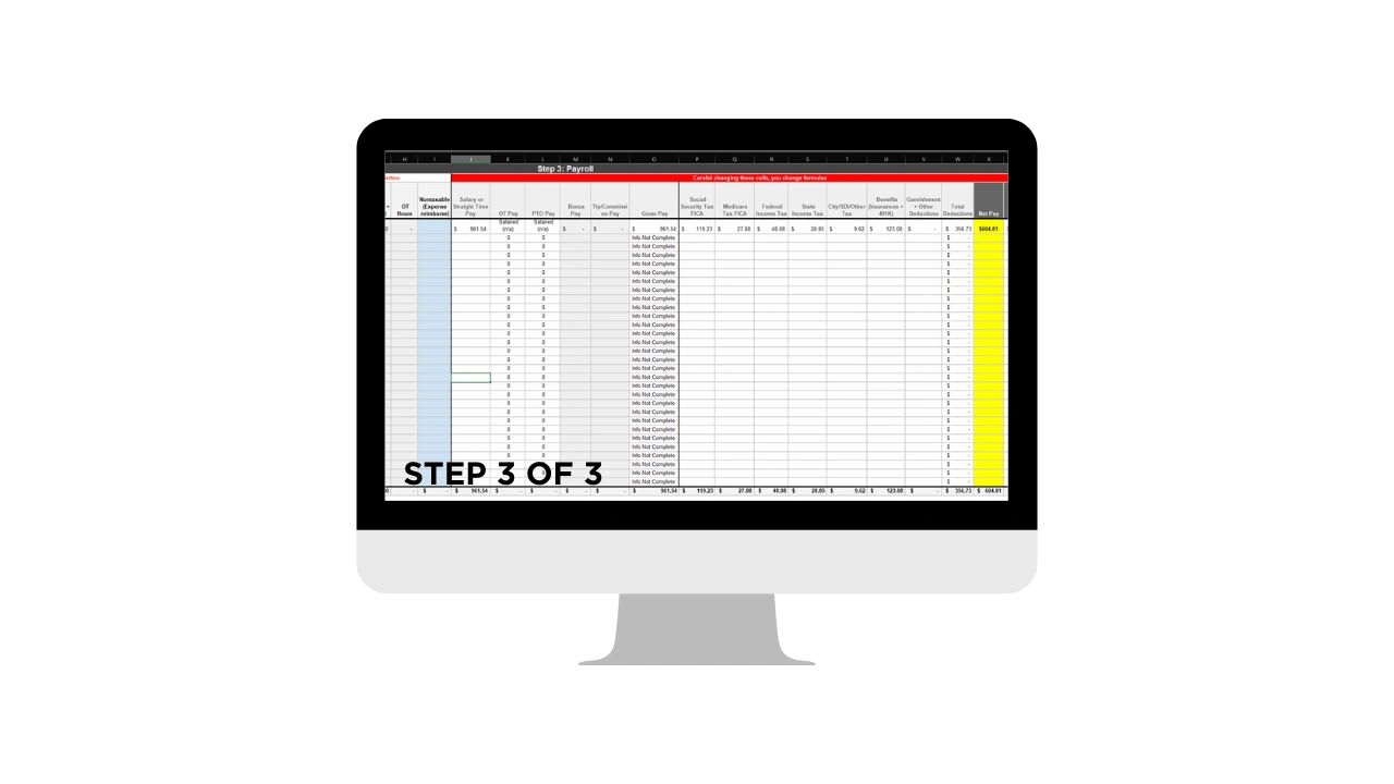 Payroll register calculating gross and net pay in Excel
