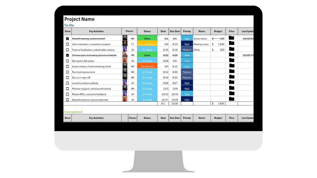 Excel project tracker template styled like Monday.com and ClickUp