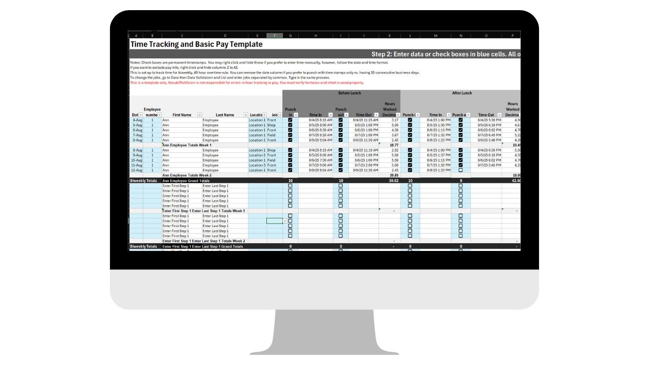 Excel time tracking template with employee setup and daily time entry tabs