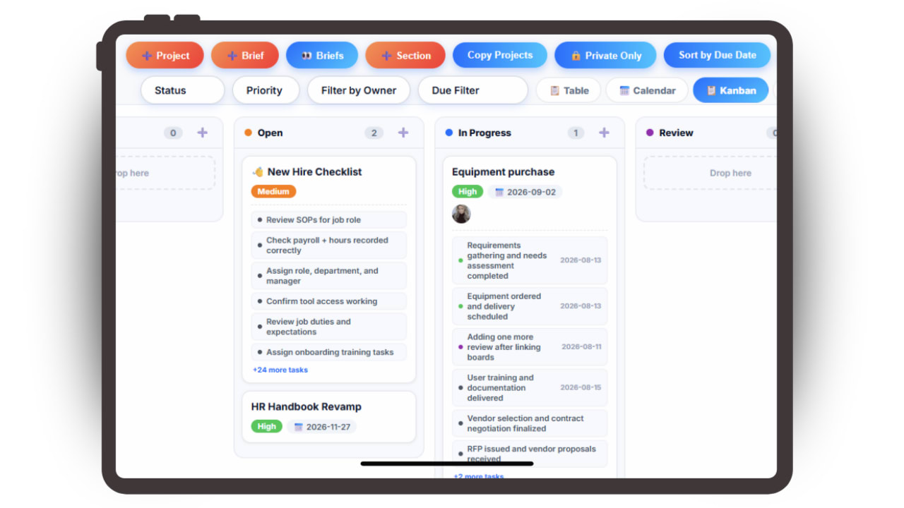 Updoot project management software showing projects, tasks and owners on desktop and phone
