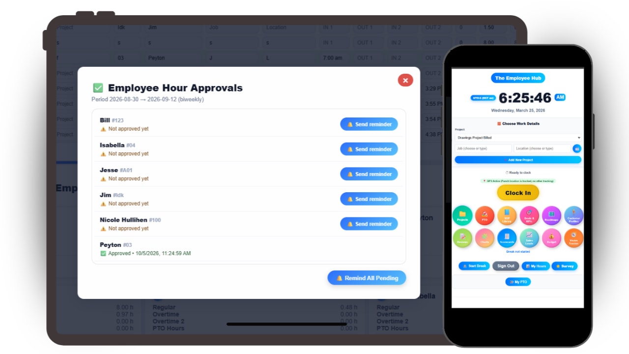 Updoot employee time clock software showing employees clocking in on desktop and phone