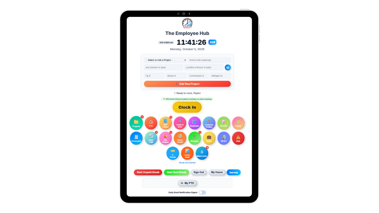 Updoot time clock kiosk running on a shared tablet