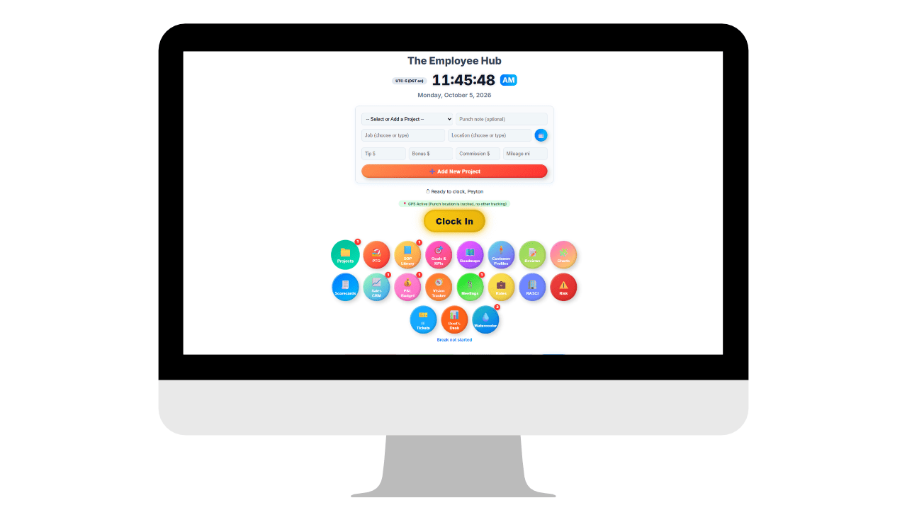 Updoot time clock on a desktop computer for office staff and admins