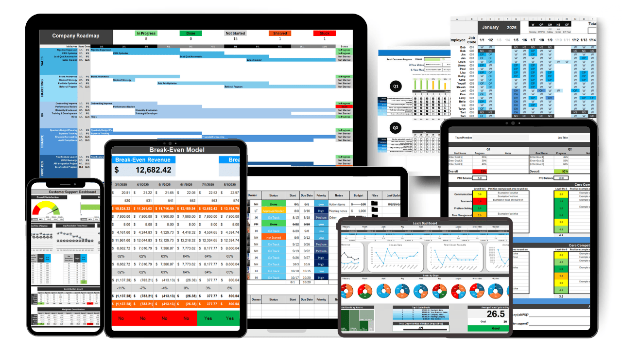 Preview of the Updoot Excel and Google Sheets business template toolkit