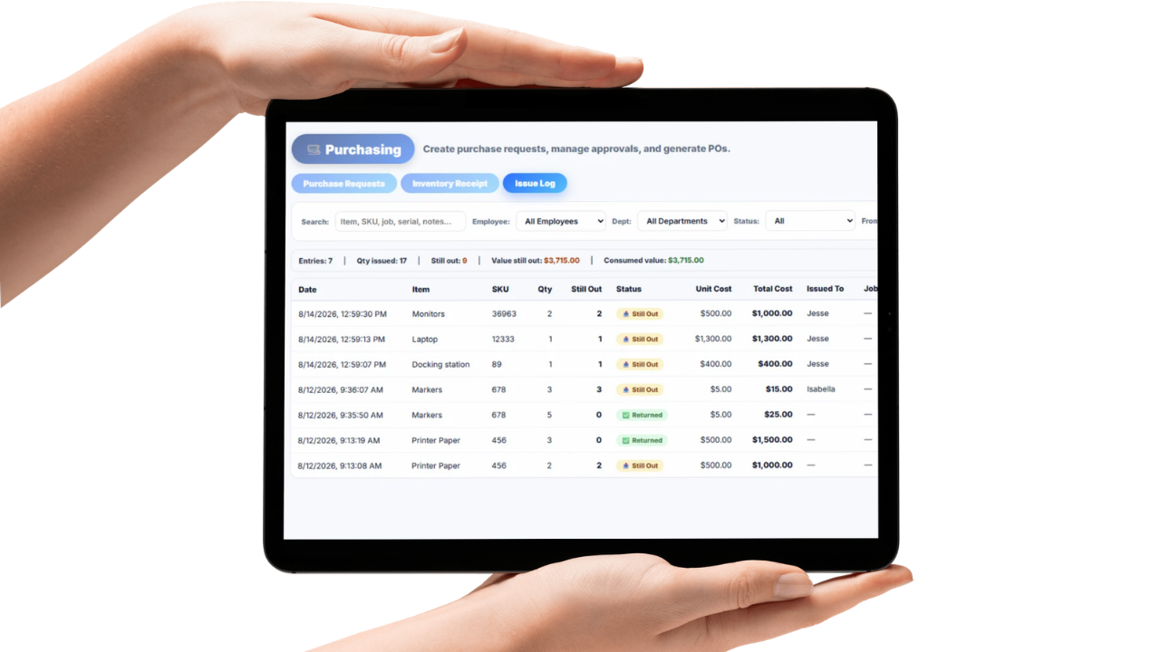 Asset Command Center interface showing asset list, status, and assignment