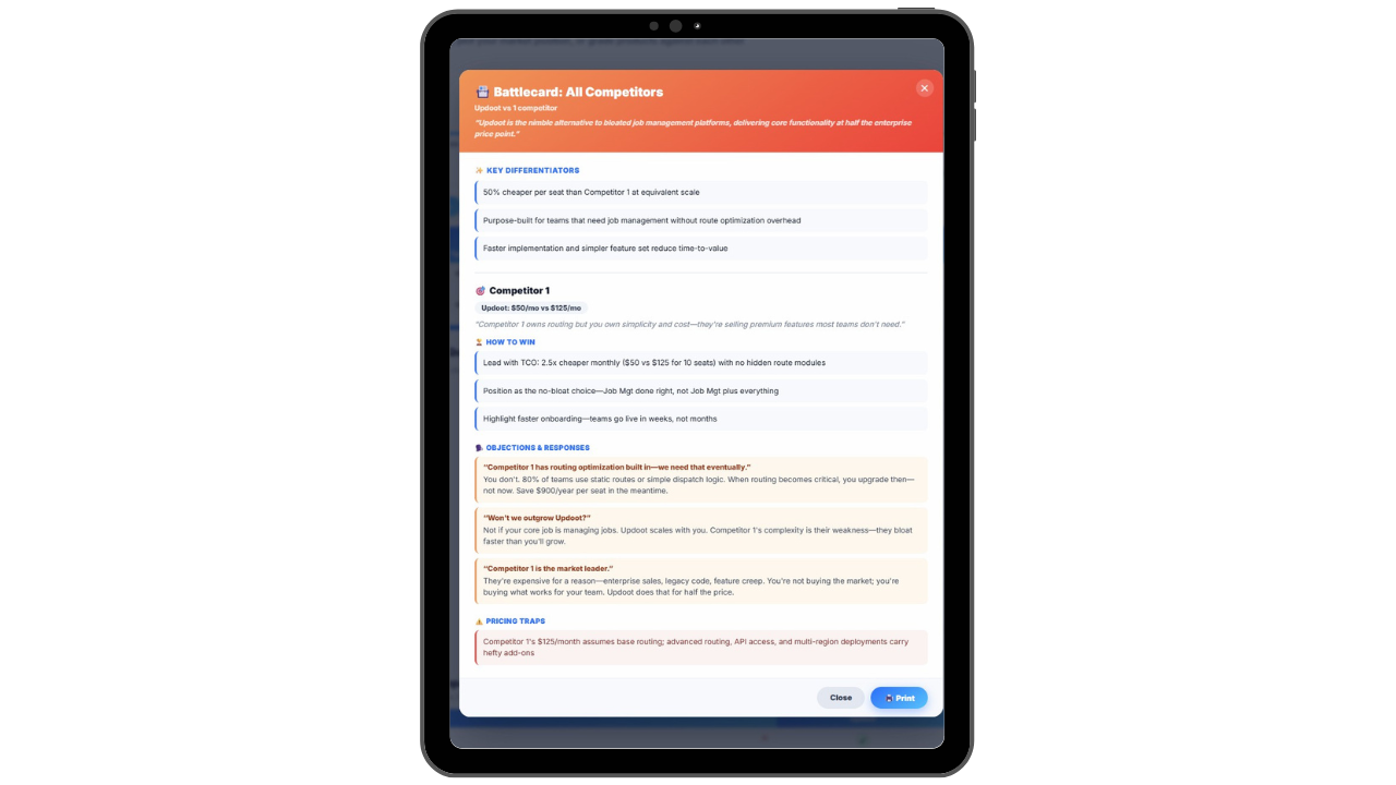 A completed sales battlecard showing objection handling and talking points