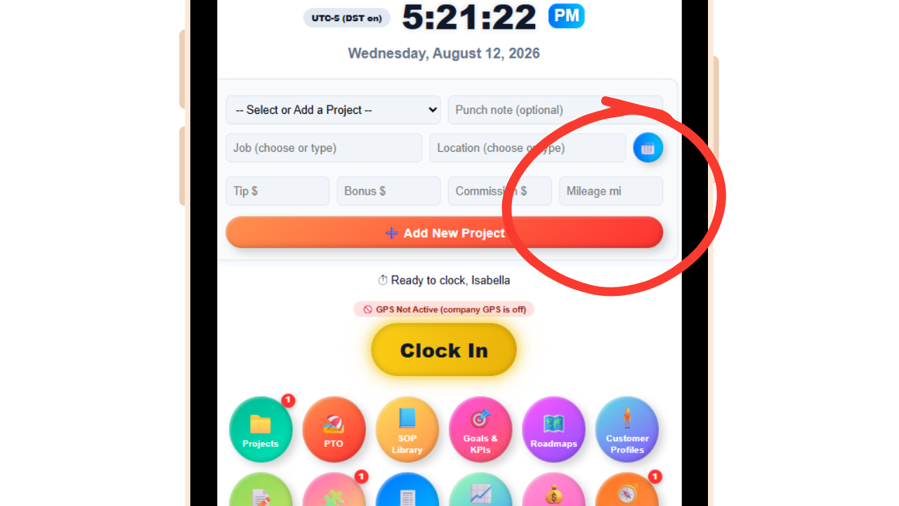 Employee time card screen showing where mileage is entered