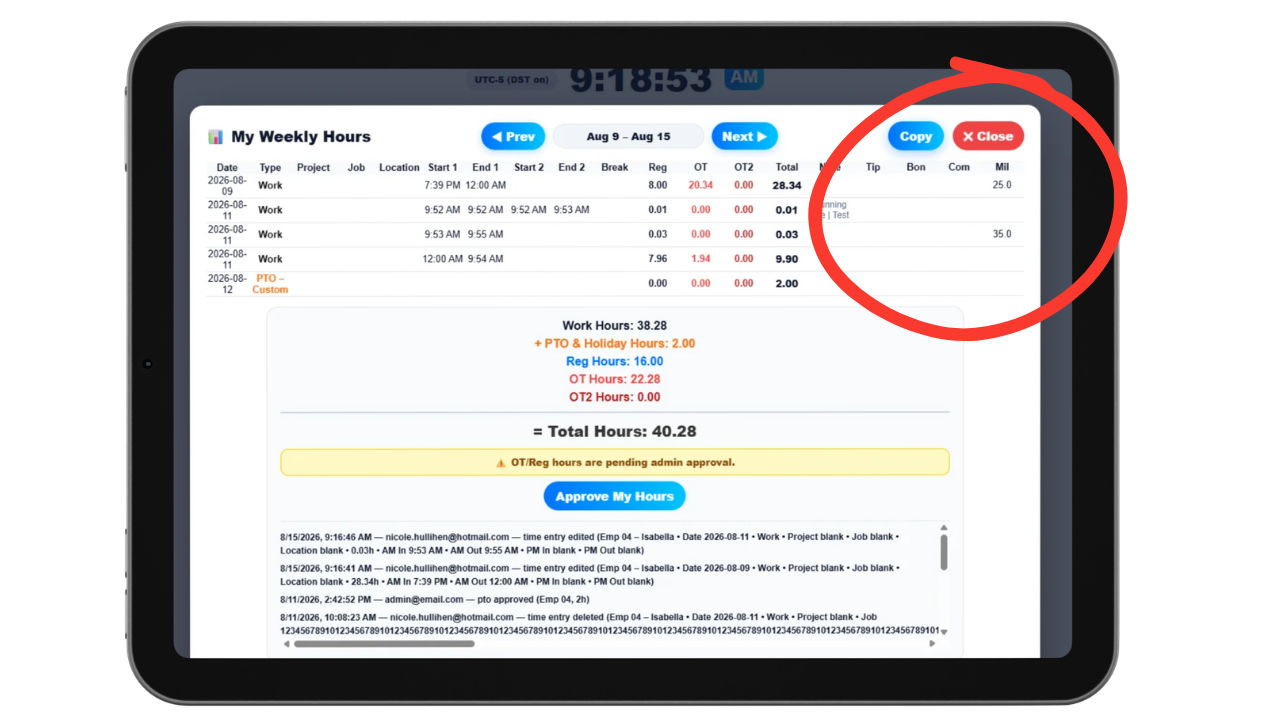 Approval screen showing optional employee-level mileage and hours approval