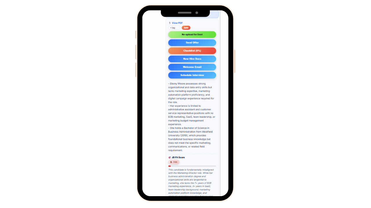 AI resume screening interface showing bulk-parsed candidate data
