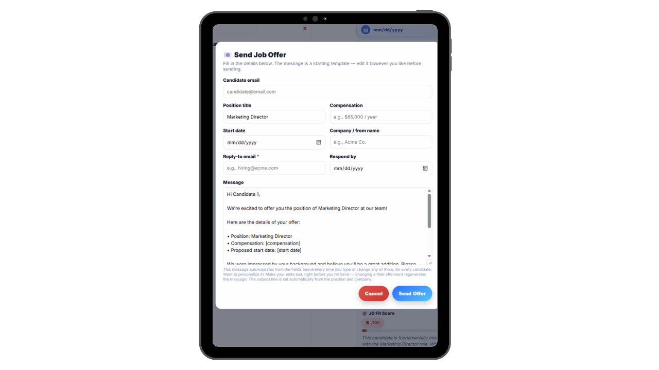 Offer letter and interview tracking interface for a candidate