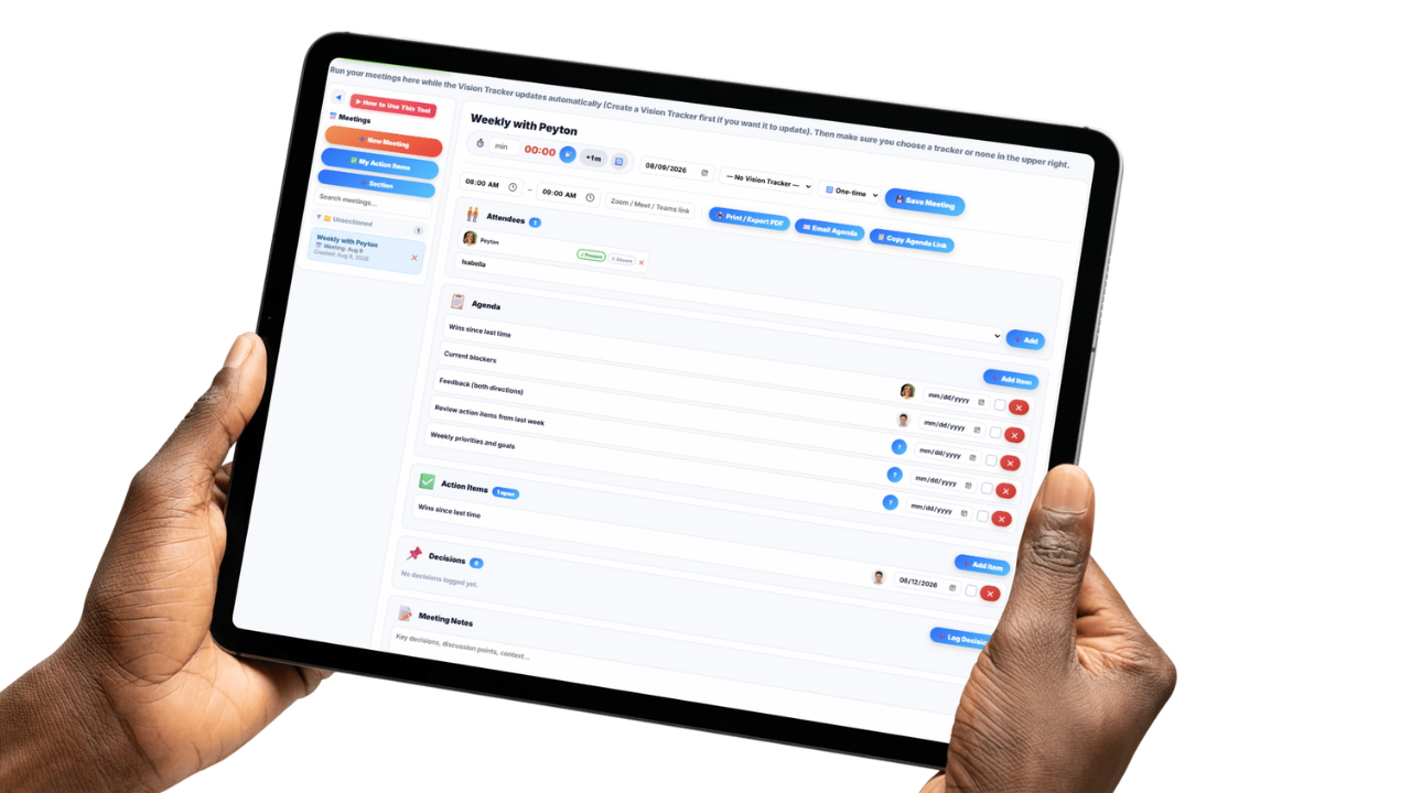 Meeting agenda builder showing agenda items and AI-suggested topics