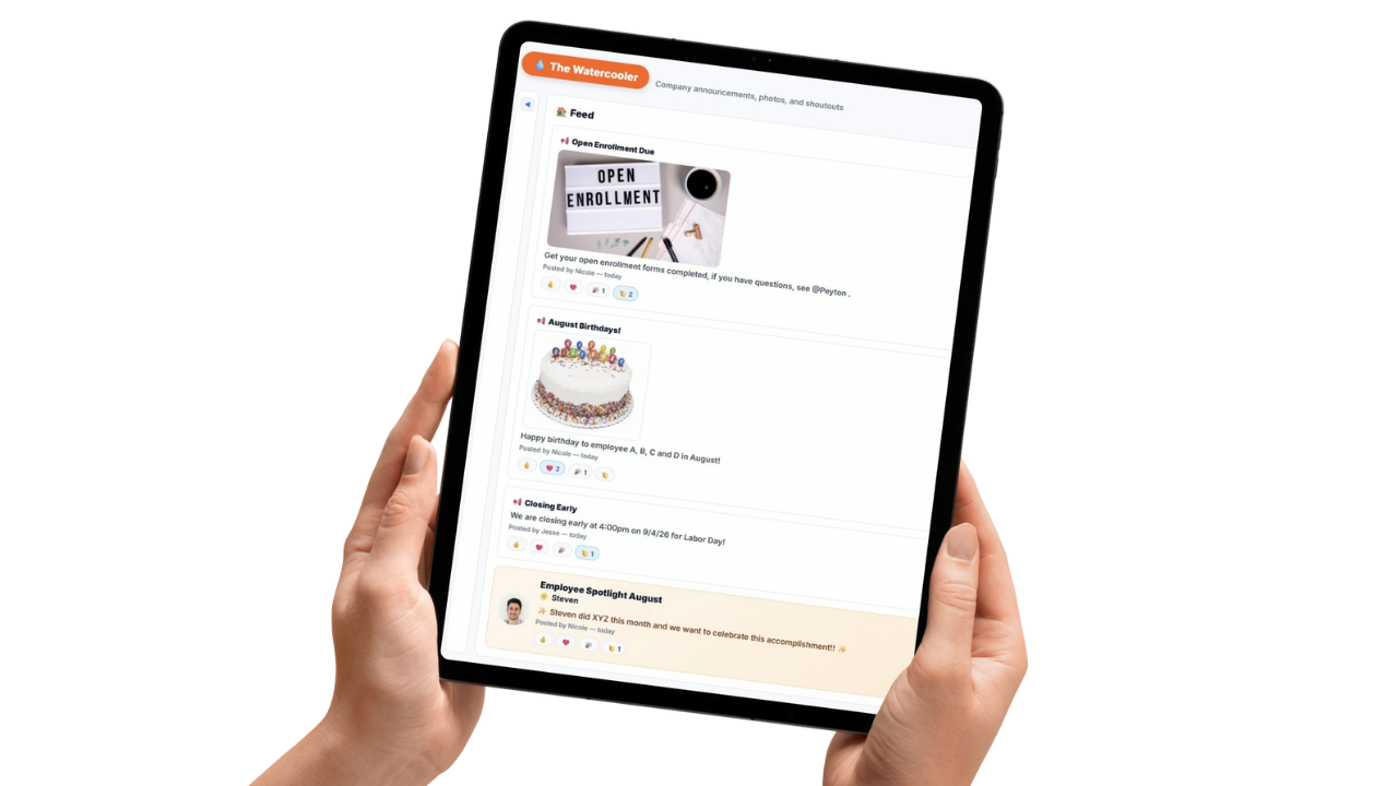 Company intranet feed showing announcements with notifications