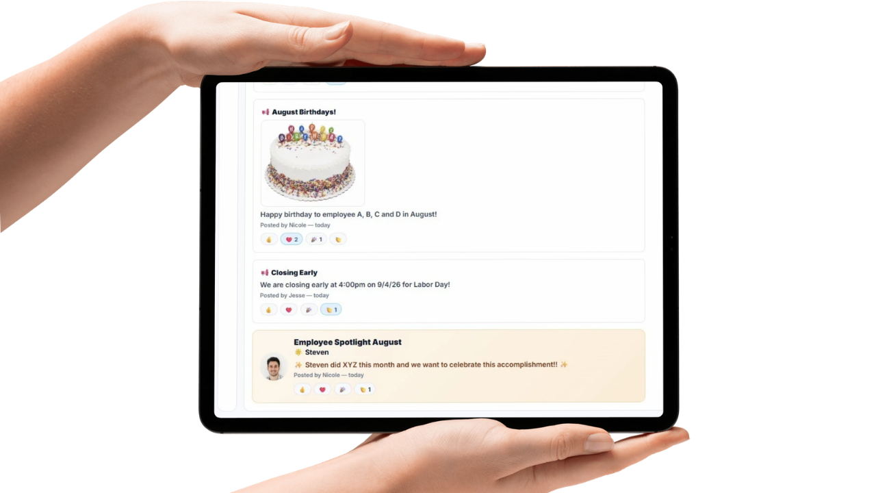 Employee spotlight and birthday celebration posts with likes and comments