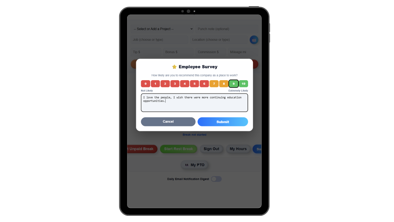 Anonymous employee net promoter score survey with a 0 to 10 scale