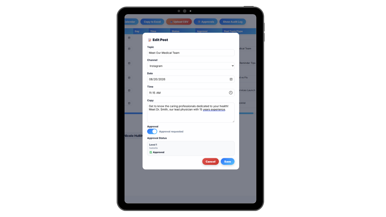 Content approval step with an edit modal open for review