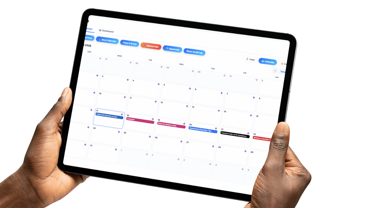 Shared content calendar showing scheduled emails, ads, and social posts