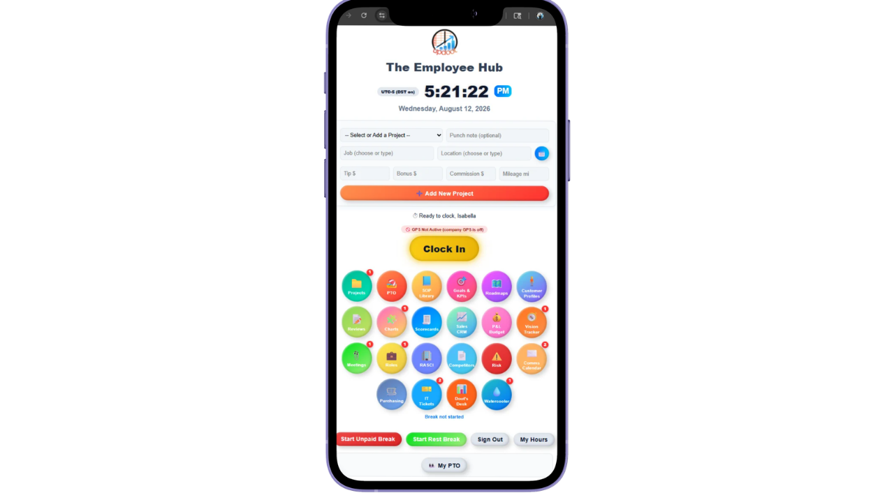 Mobile time clock showing mileage tracking and job and project selection