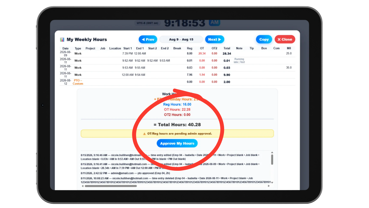 Employee timecard approval with admin reminders and the edit audit log