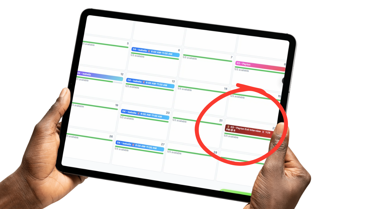 Exit interview appearing on the schedule calendar for both admin and employee