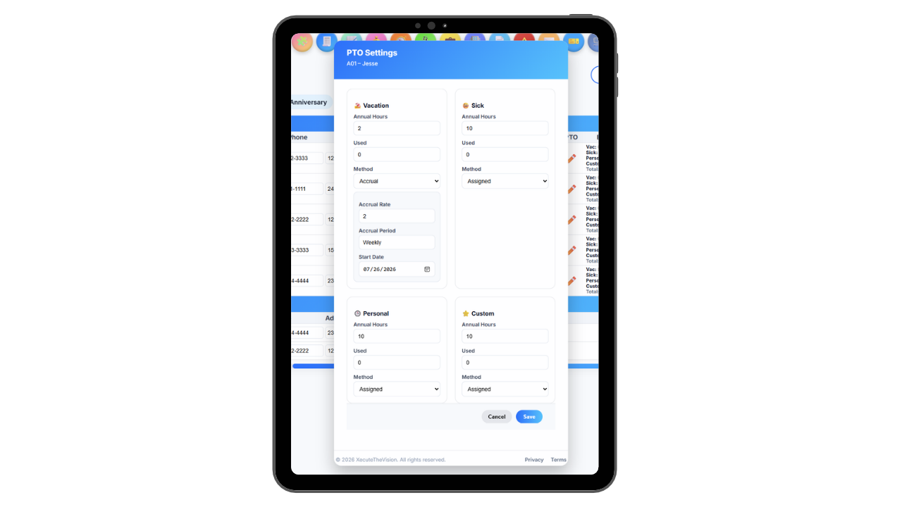 PTO software showing five separate types: personal, sick, vacation, holiday, and custom