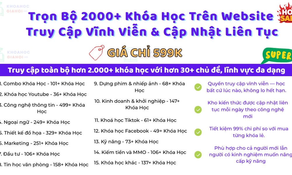 Trọn Bộ Khóa Học Trên Website Với Quyền Truy Cập Vĩnh Viễn & Cập Nhật Liên Tục