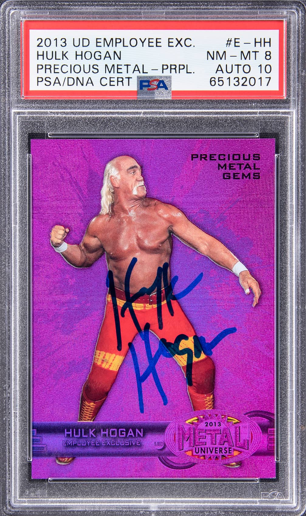 2013 Upper Deck Employee Exclusive Precious Metal Gems (PMG) Purple #E-HH Hulk Hogan Signed Card (#084/125) – PSA NM-MT 8, PSA/DNA 10 – Pop 1