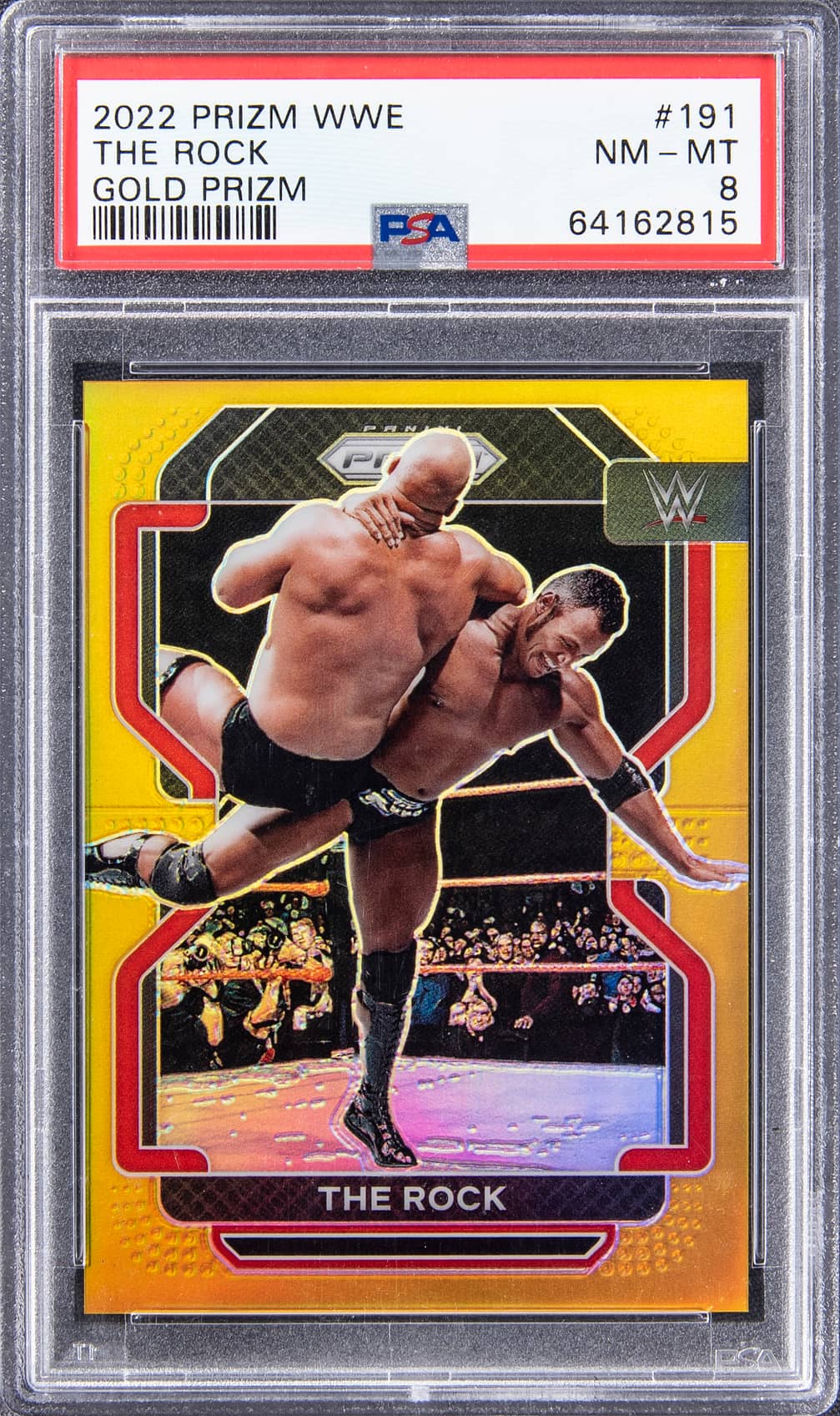 2022 Panini Prizm WWE Gold Prizm #191 The Rock (#05/10) – PSA NM-MT 8