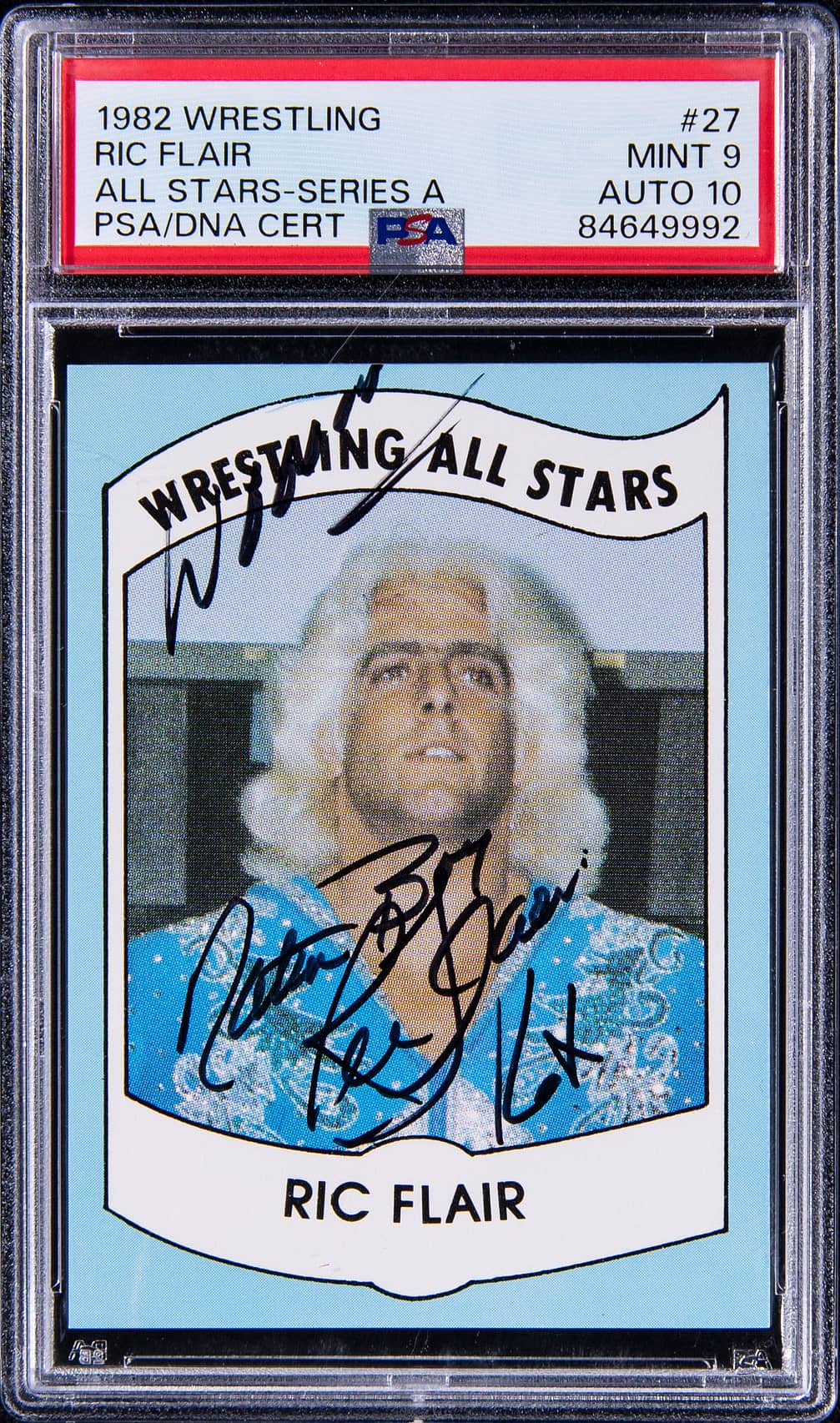 1982 Wrestling All-Stars Series A #27 Ric Flair Signed, Inscribed Rookie Card - PSA MINT 9, PSA/DNA GEM MT 10 - Pop 4