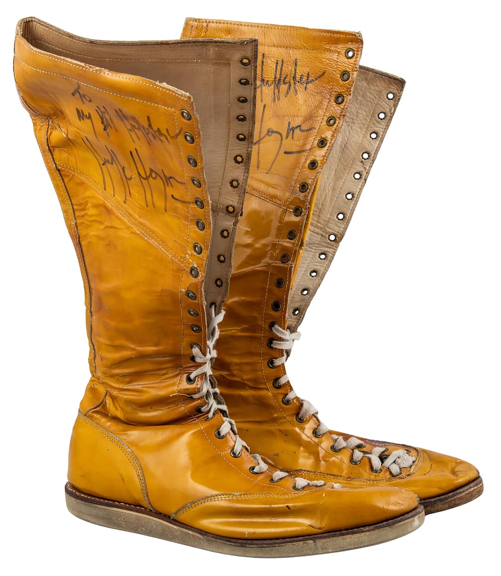 Apr. 4, 1993 - WrestleMania IX - Hulk Hogan Match-Used, Twice-Signed, Inscribed Boots - Hogan and Brutus 