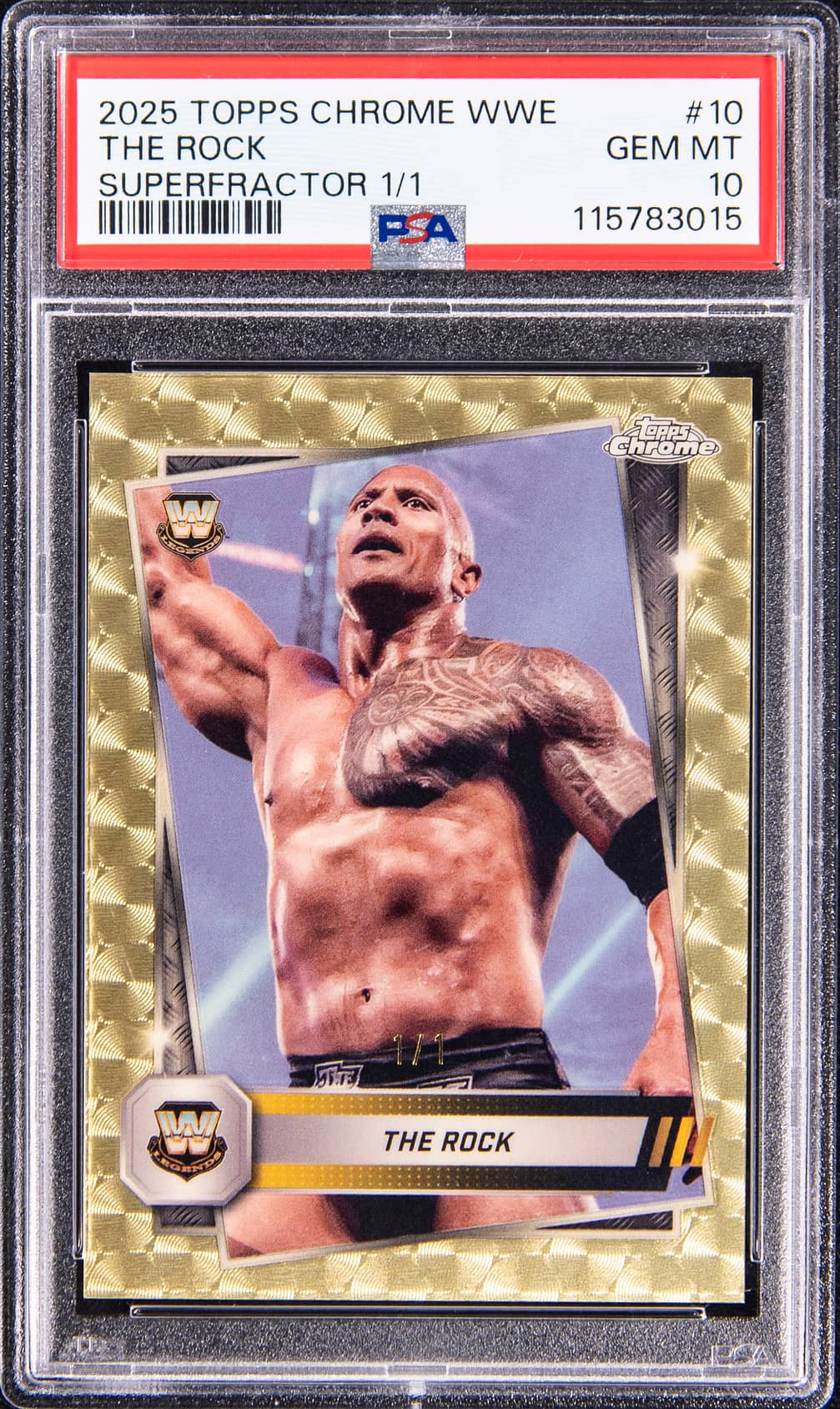 2025 Topps Chrome WWE SuperFractor #10 The Rock (#1/1) - PSA GEM MT 10