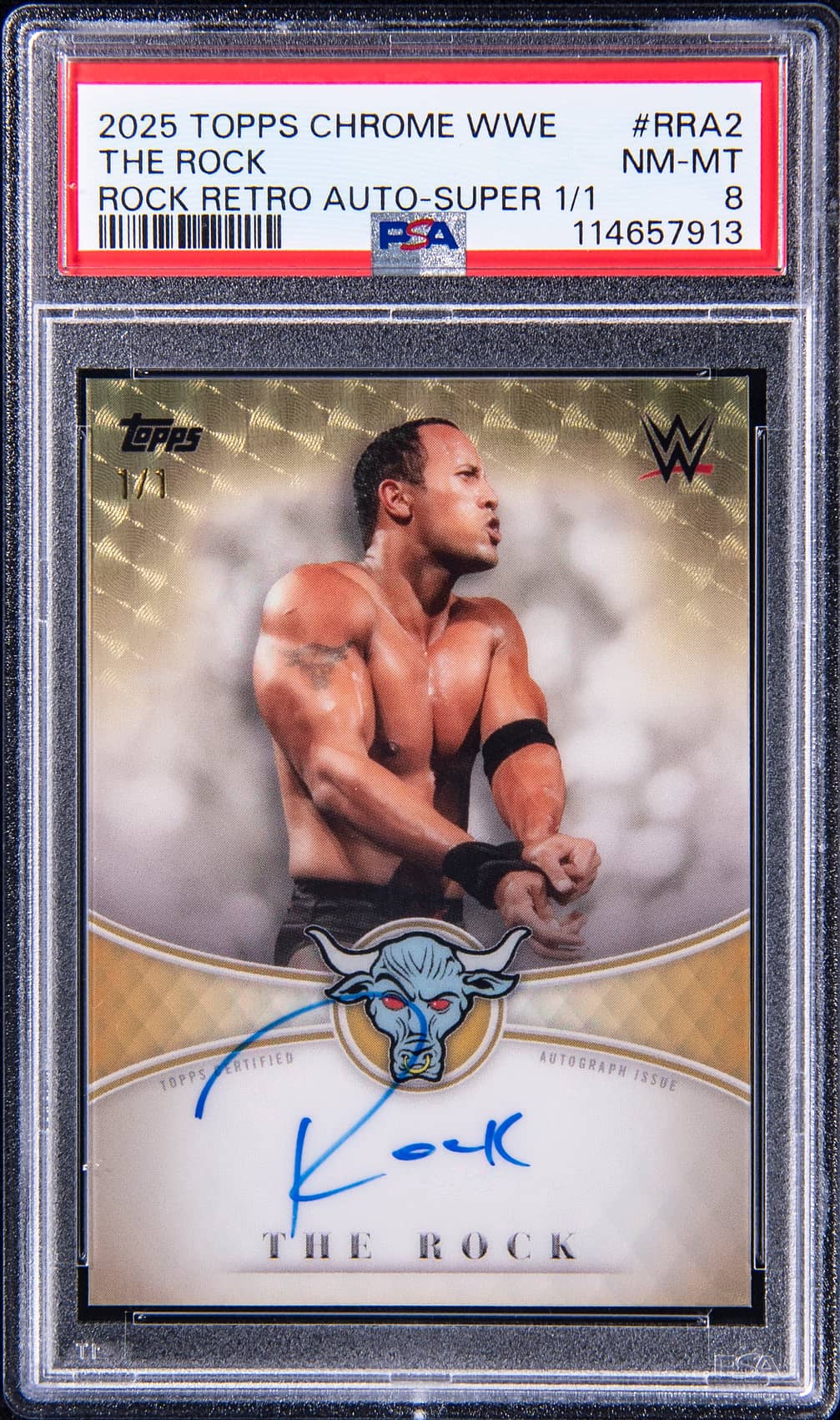 2025 Topps Chrome WWE Rock Retro Autograph SuperFractor #RRA2 The Rock Signed Card (#1/1) - PSA NM-MT 8