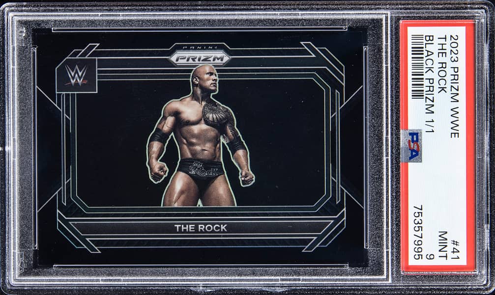2023 Panini Prizm WWE Black Prizm #41 The Rock (#1/1) - PSA MINT 9