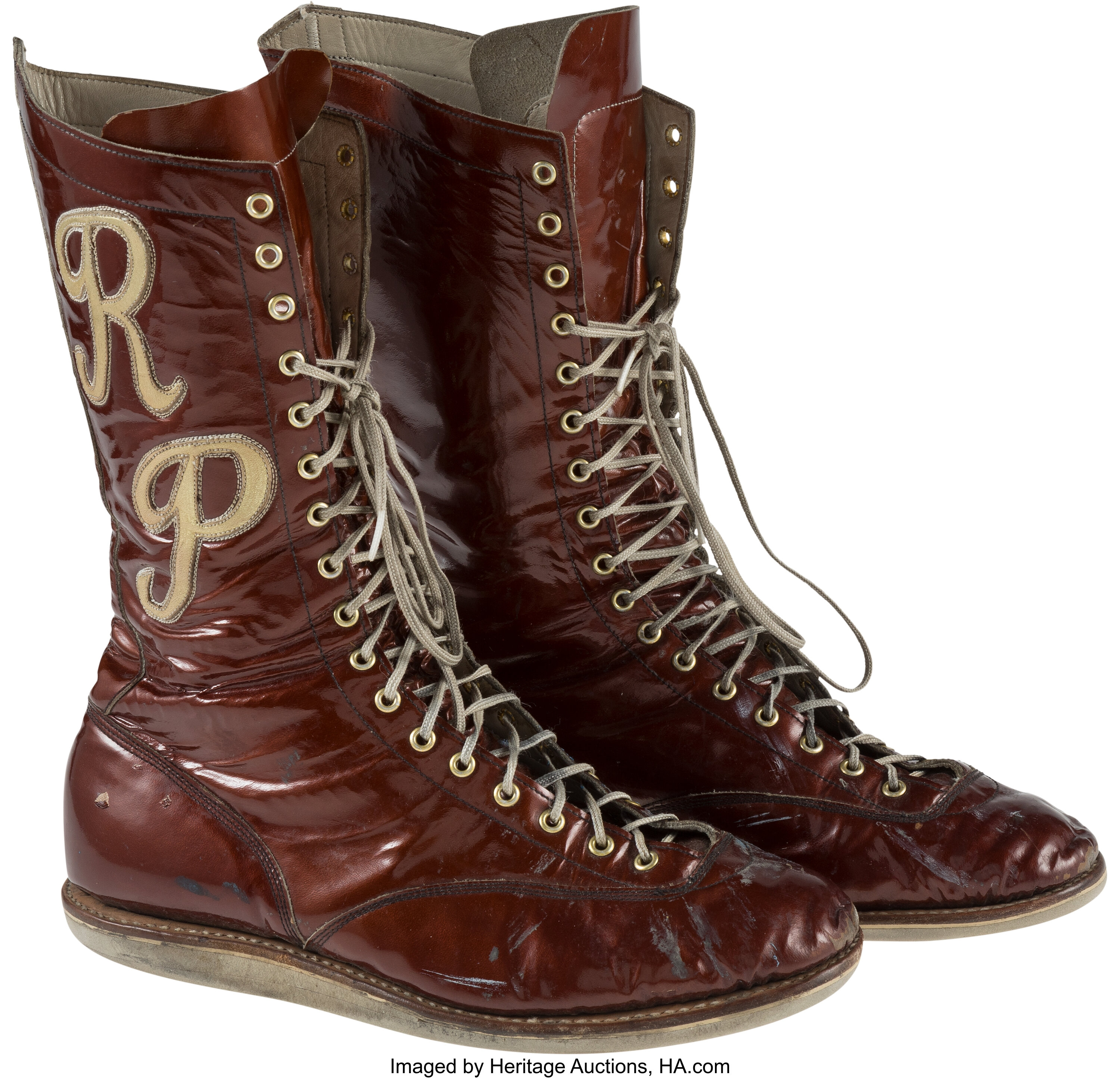 Mid 1980's Rowdy Roddy Piper Match Worn Wrestling Boots with Figure - Same Style Worn in WrestleMania I with Family Letter.