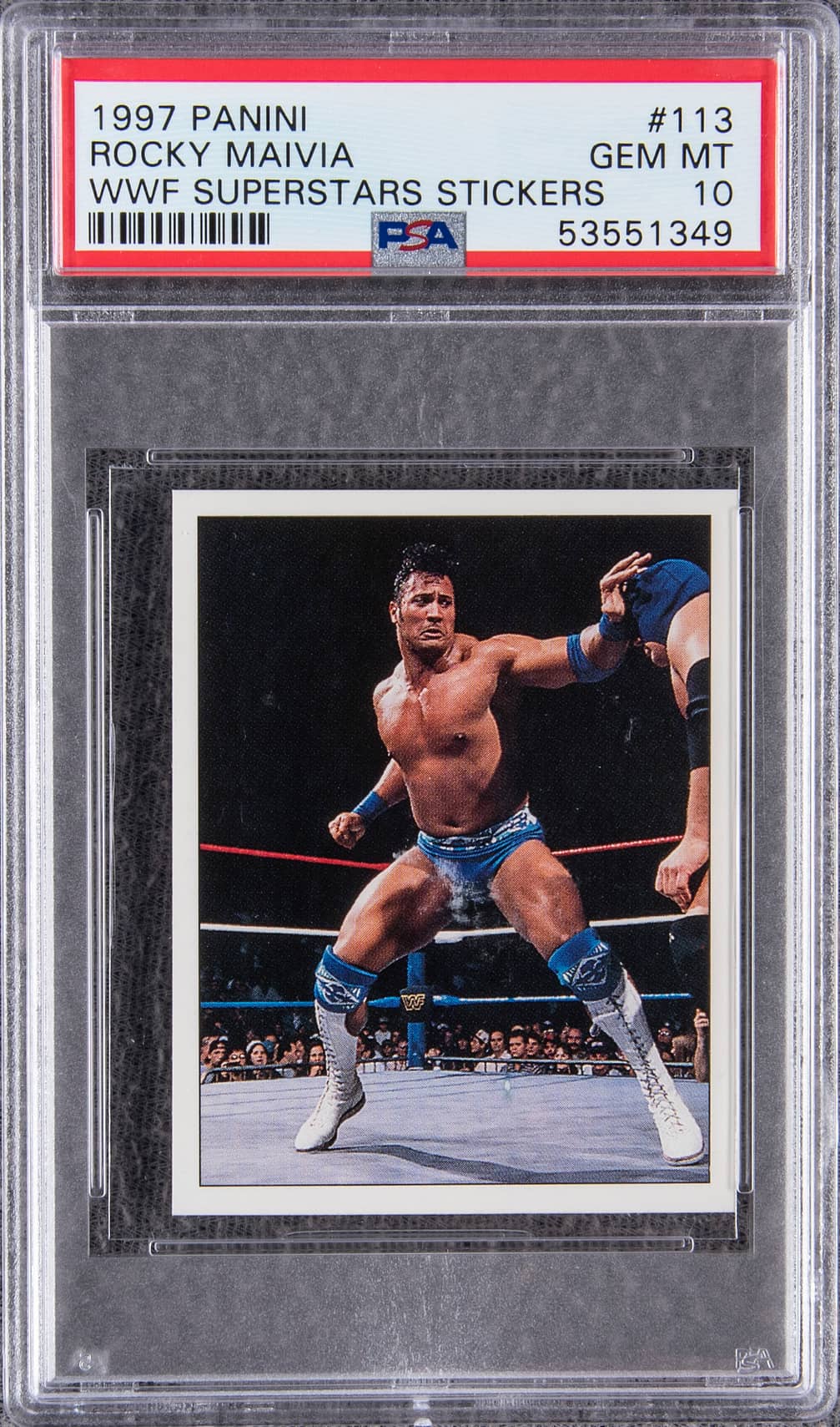 1997 Panini WWF Superstars Stickers #113 Rocky Maivia (The Rock) Rookie Card - PSA GEM MT 10 - Pop 1 of 2!