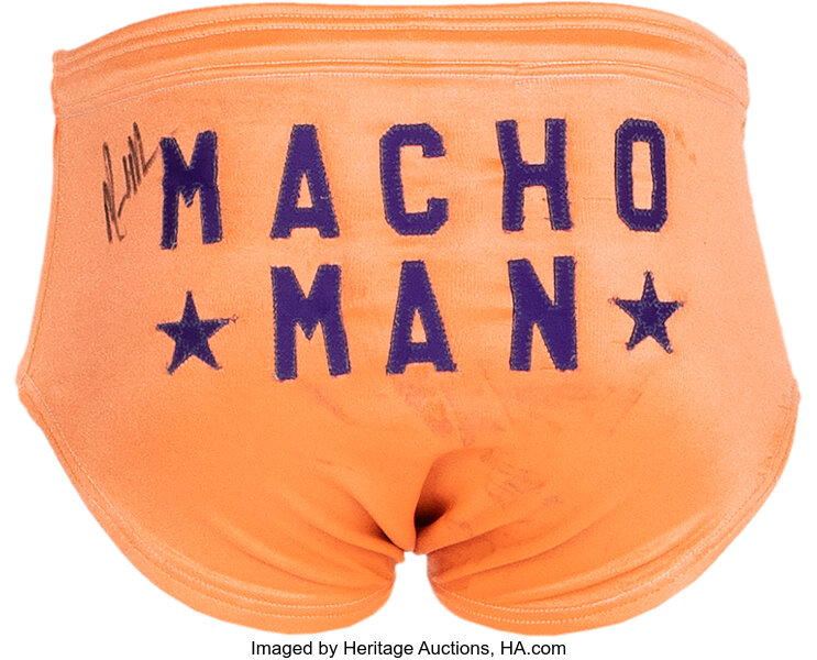 1989 Randy Macho Man Savage Match Worn & Signed Wrestling Trunks
With Apparent Photo Match to WrestleMania V Championship Match vs.
Hulk Hogan & Royal Rumble from The Macho Man Randy Savage
Collection.