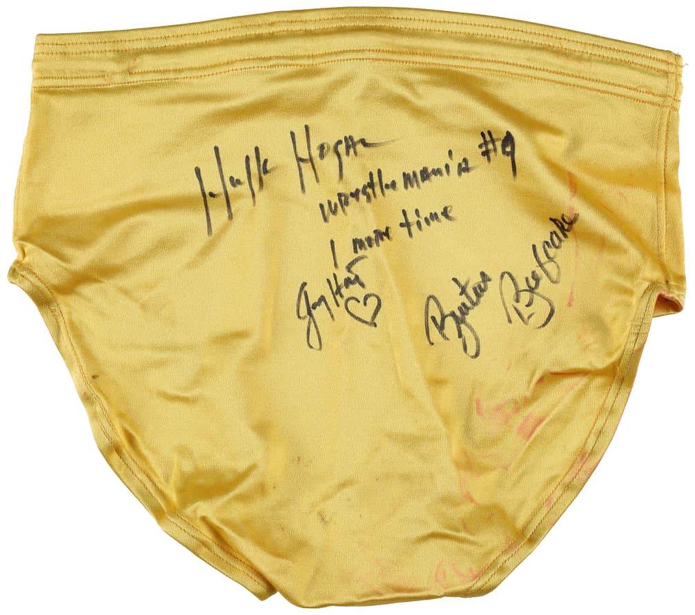 April 4, 1993 - Wrestle Mania IX - Hulk Hogan Fight-Used, Signed, Inscribed Yellow Trunks (3 Signatures) - Featuring Brutus 