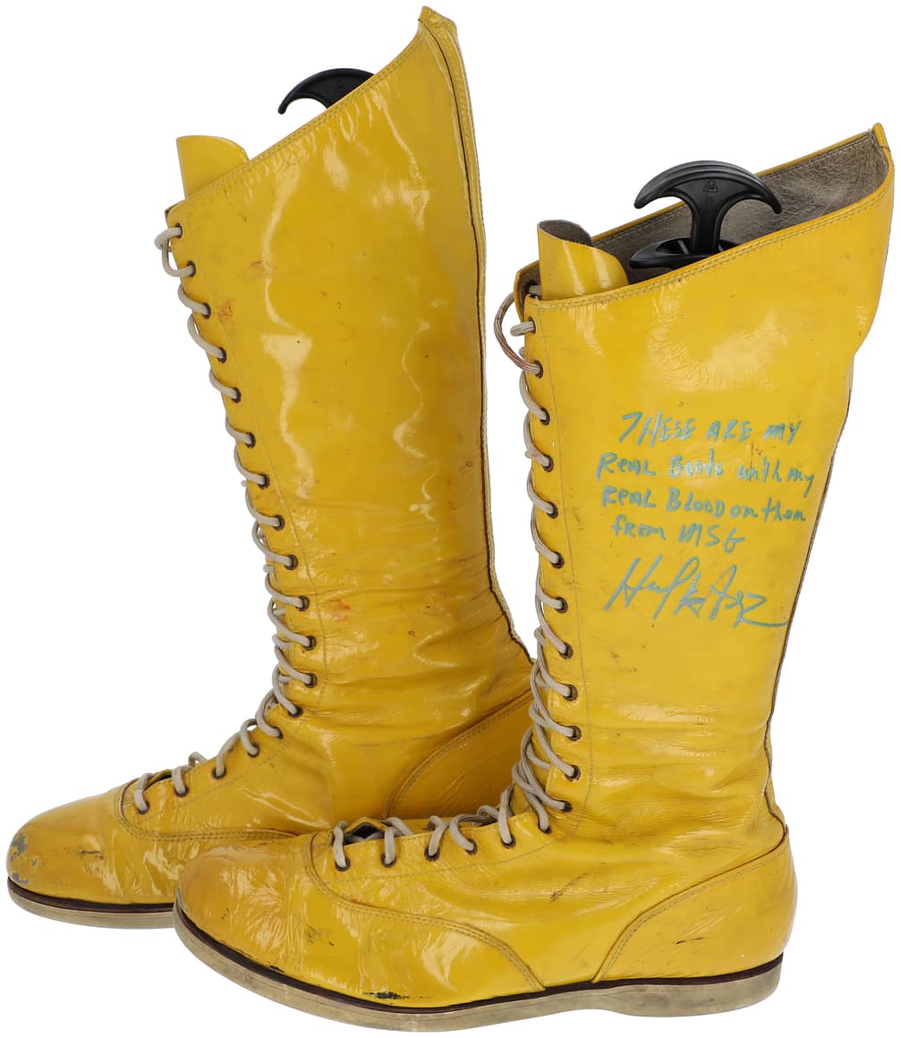 Hulk Hogan WWF Event-Worn, Photo-Matched, Signed and Inscribed, Yellow Boots - Resolution Photomatching, PSA/DNA LOA