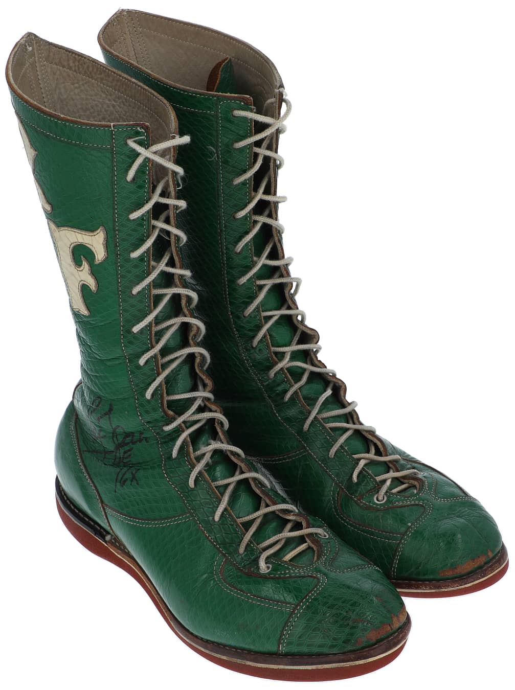 1970-80's Ric Flair Match-Worn, Twice-Signed Green Alligator Skin Re-soled Boots - MEARS Authentic, JSA LOA