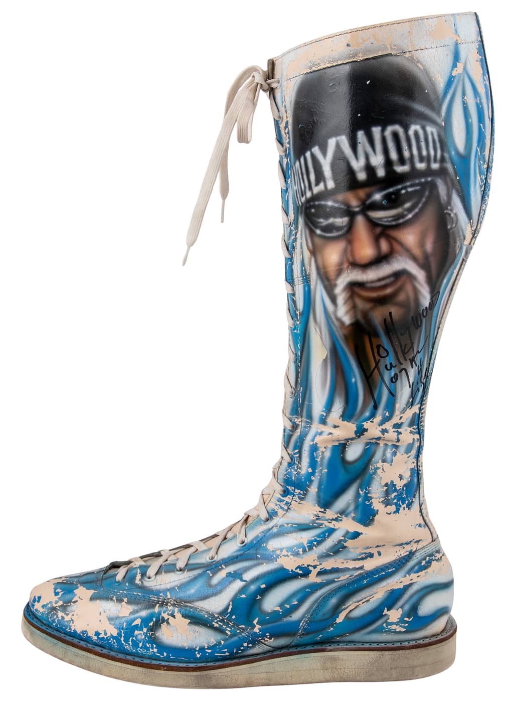 March 17, 2002 - WrestleMania XVIII - Dwayne The Rock Johnson vs. Hollywood Hulk Hogan - Hulk Hogan Event-Worn, Photo-Matched, Signed, Inscribed Left Boot - Davious Sports LOA, JSA LOA