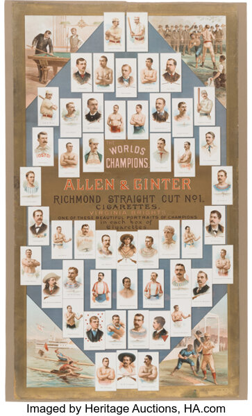Main front view of 1887 Allen and Ginter G20 "The World's Champions" Advertising Banner — rare Victorian-era chromolithograph tobacco card with vibrant multicolor printing, period typography and advertising artwork, Heritage lot sold $35,380 Feb 22, 2025