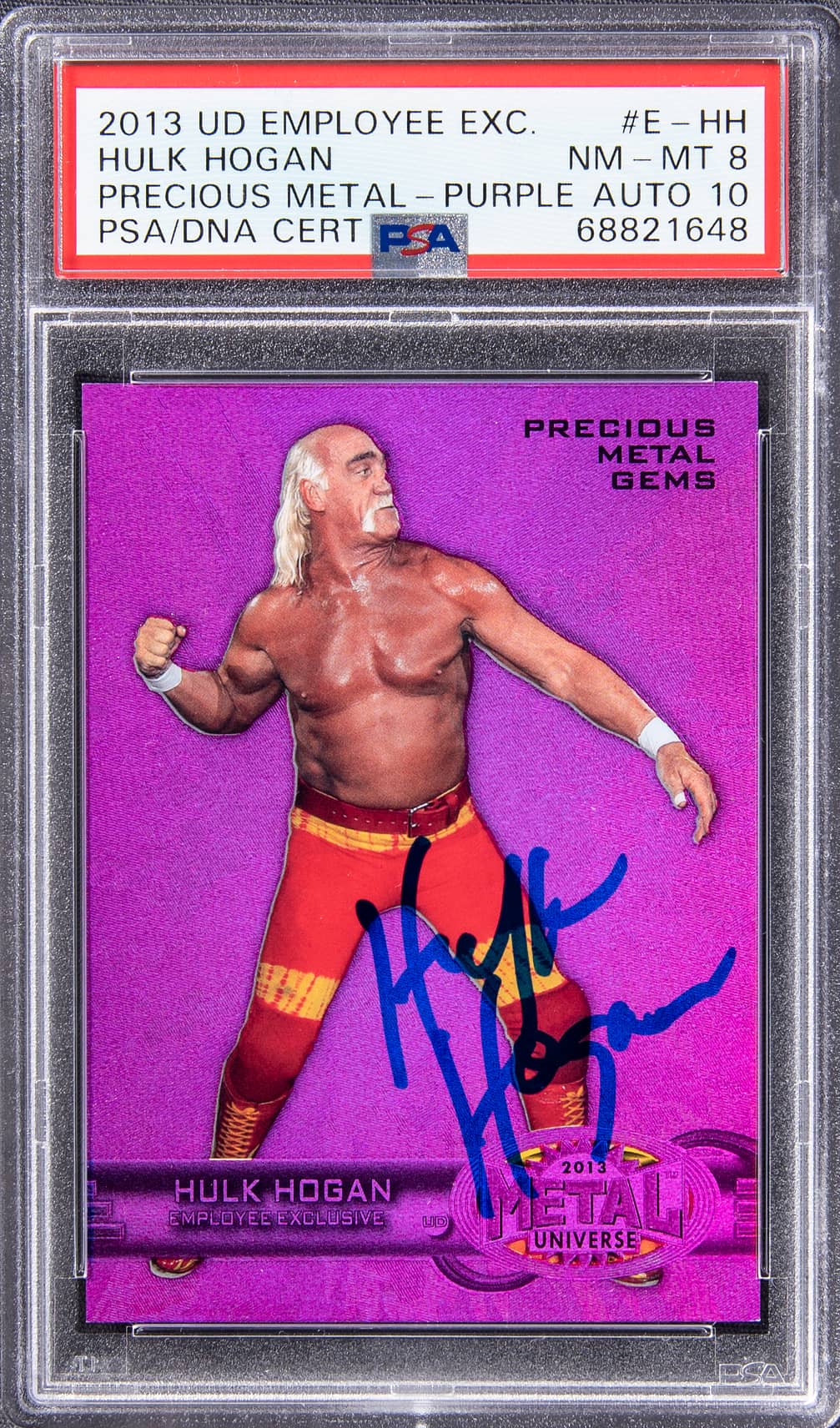 2013 Upper Deck Employee Exclusive Precious Metal Gems Purple #E-HH Hulk Hogan Signed Card (#122/125) - PSA NM-MT 8, PSA/DNA GEM MT 10 – Pop 2