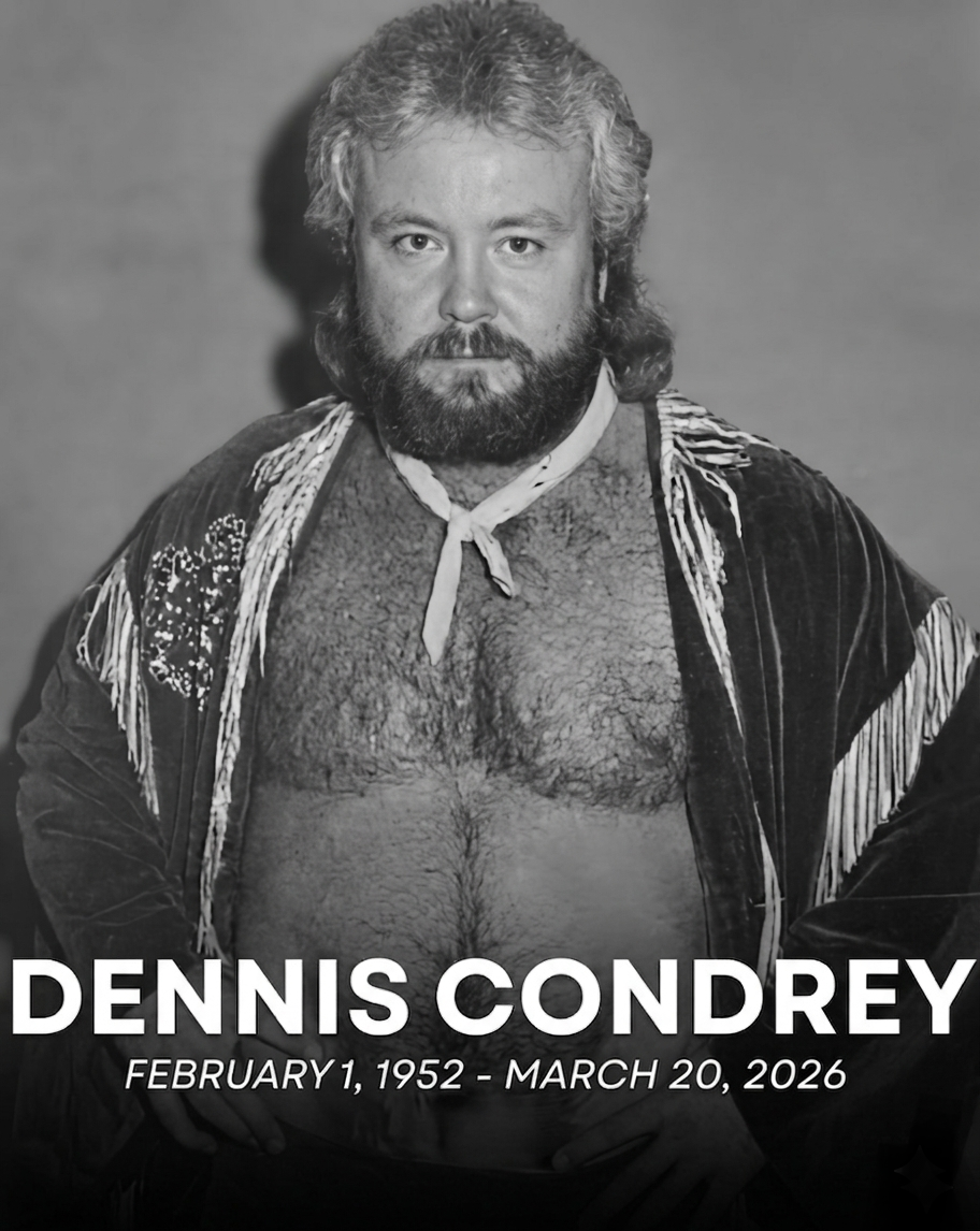 A memorial tribute photo of wrestling legend Dennis Condrey of The Midnight Express, featuring a professional studio portrait from his active wrestling career.