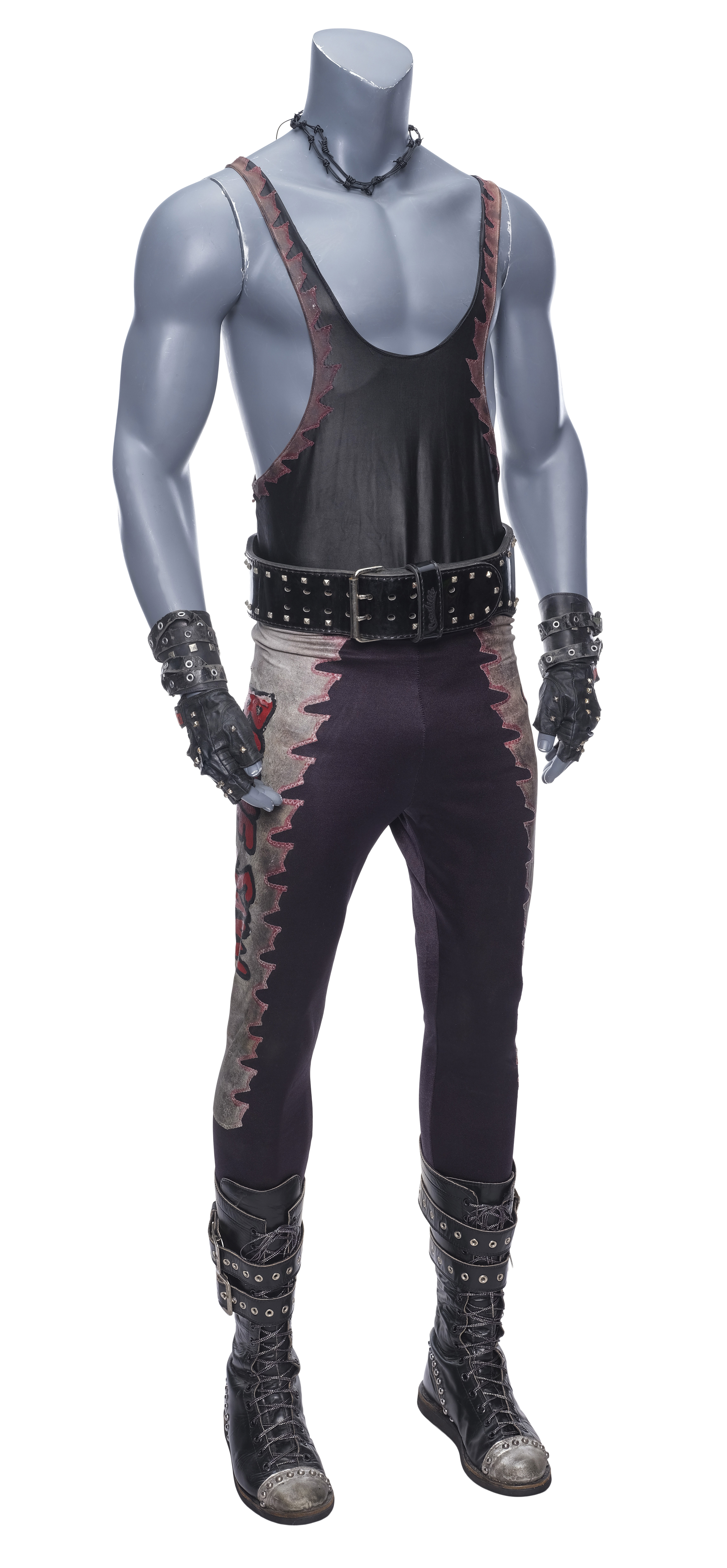 Main front view of the screen-matched Bone Saw McGraw ensemble worn by Randy "Macho Man" Savage in Spider-Man (2002) showing full costume and overall silhouette